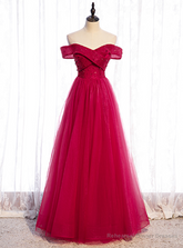 A-Line Burgundy Tulle Off the Shoulder Beading Sequins Prom Dress